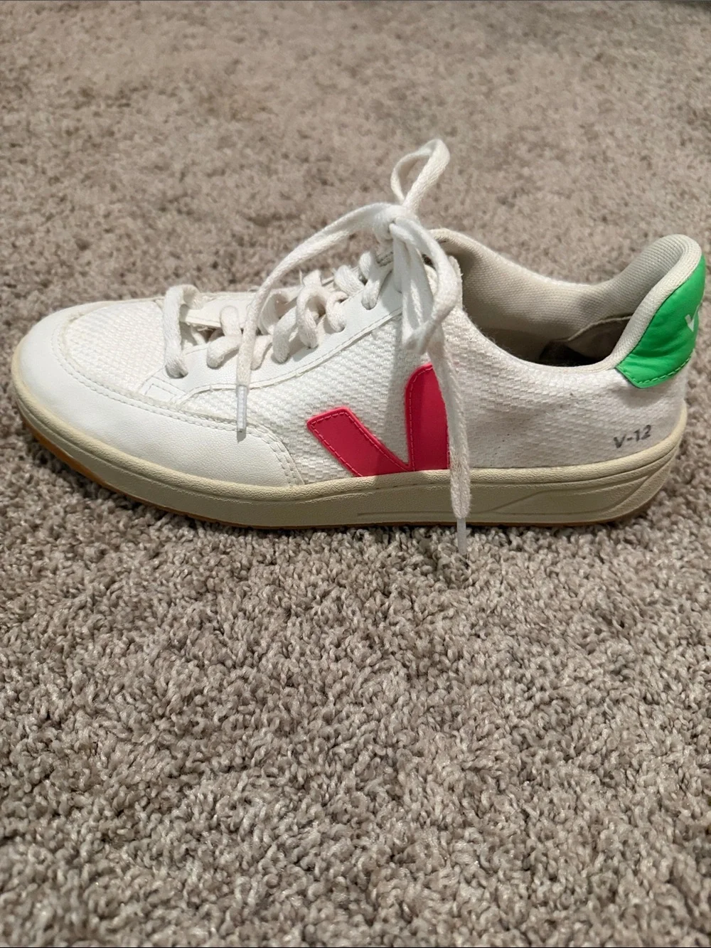 Veja White Sneakers with Pink V and Green Heel Tab